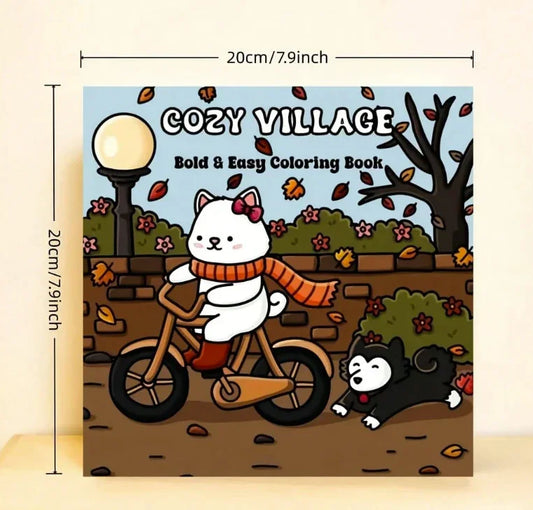 Cozy Village -värityskirjan kansi, jossa on piirrettyjä pikkutaloja, puita ja kodikas kylämaisema