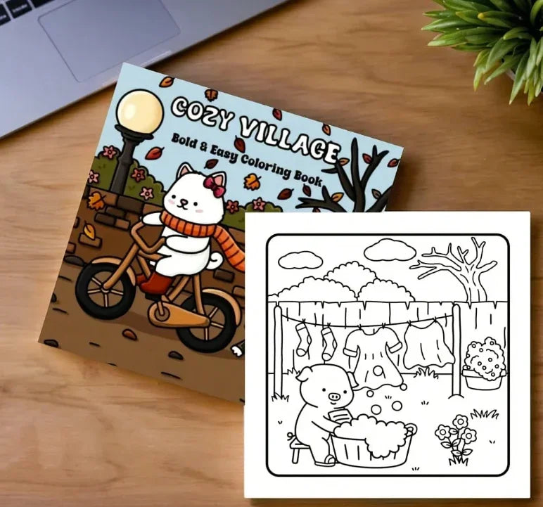 Cozy Village -värityskirjan kansi, jossa on piirrettyjä pikkutaloja, puita ja kodikas kylämaisema