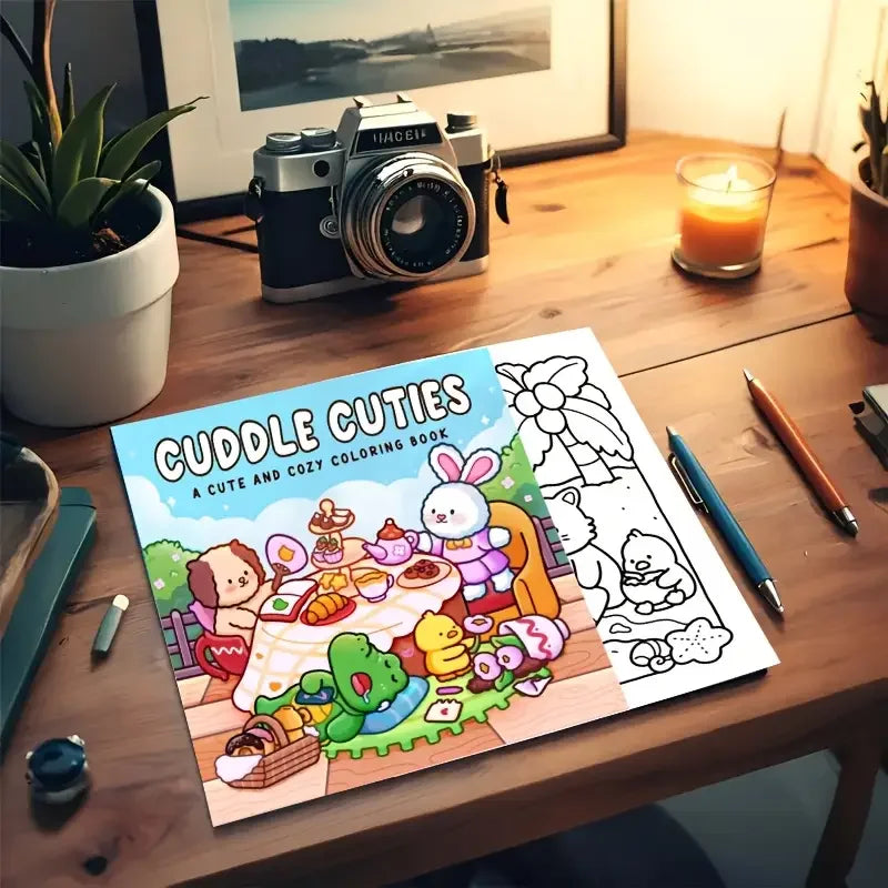 Cuddle Cuties -värityskirjan kansi, jossa on kaksi toisiaan halaavaa pörröistä eläinhahmoa ja sydämiä