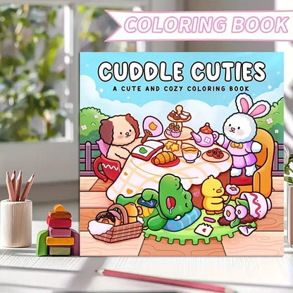 Cuddle Cuties -värityskirjan kansi, jossa on kaksi toisiaan halaavaa pörröistä eläinhahmoa ja sydämiä