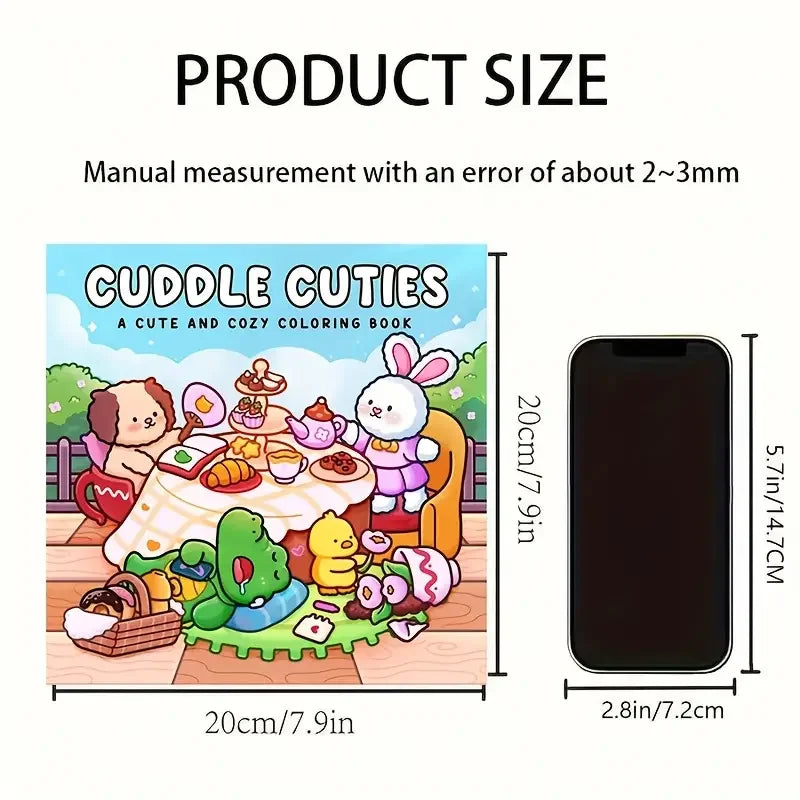 Cuddle Cuties -värityskirjan kansi, jossa on kaksi toisiaan halaavaa pörröistä eläinhahmoa ja sydämiä