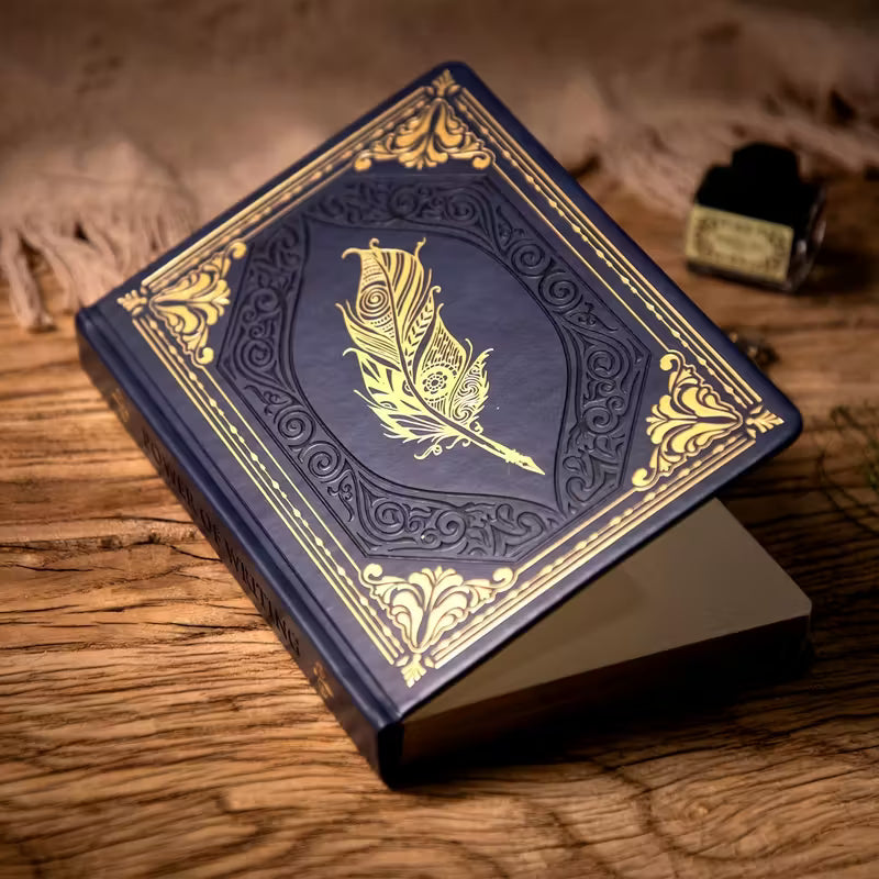 Syvänsininen vintage-tekonahkainen päiväkirja kullatuilla reunoilla, 320 sivua