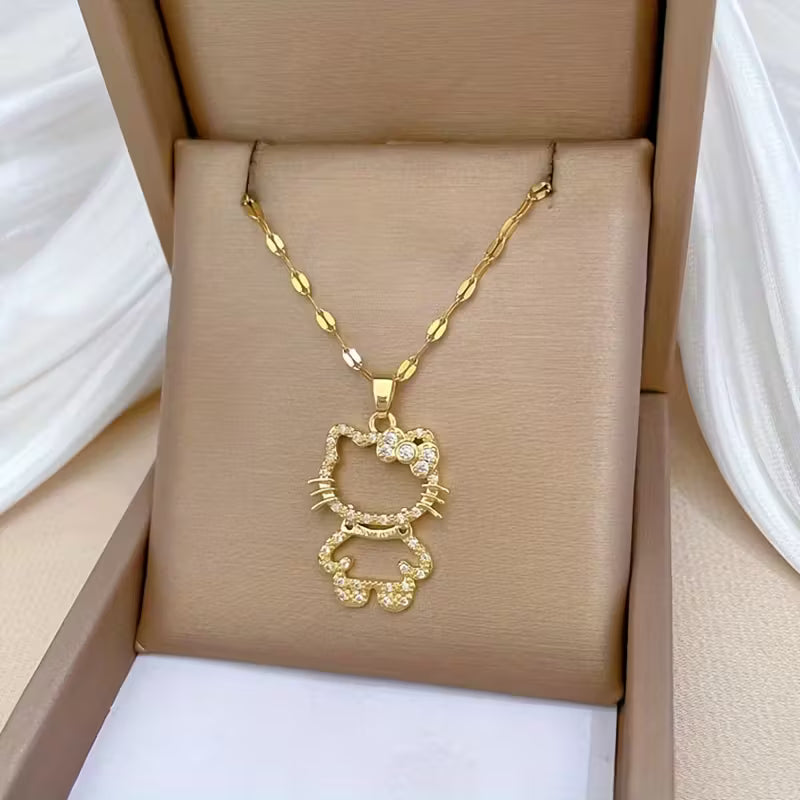 1kpl Hello Kitty -riipuskaulakoru - elegantti titaaniteräksinen lukkoketju kimaltelevilla kuutiollisilla zirkoniakruunuilla