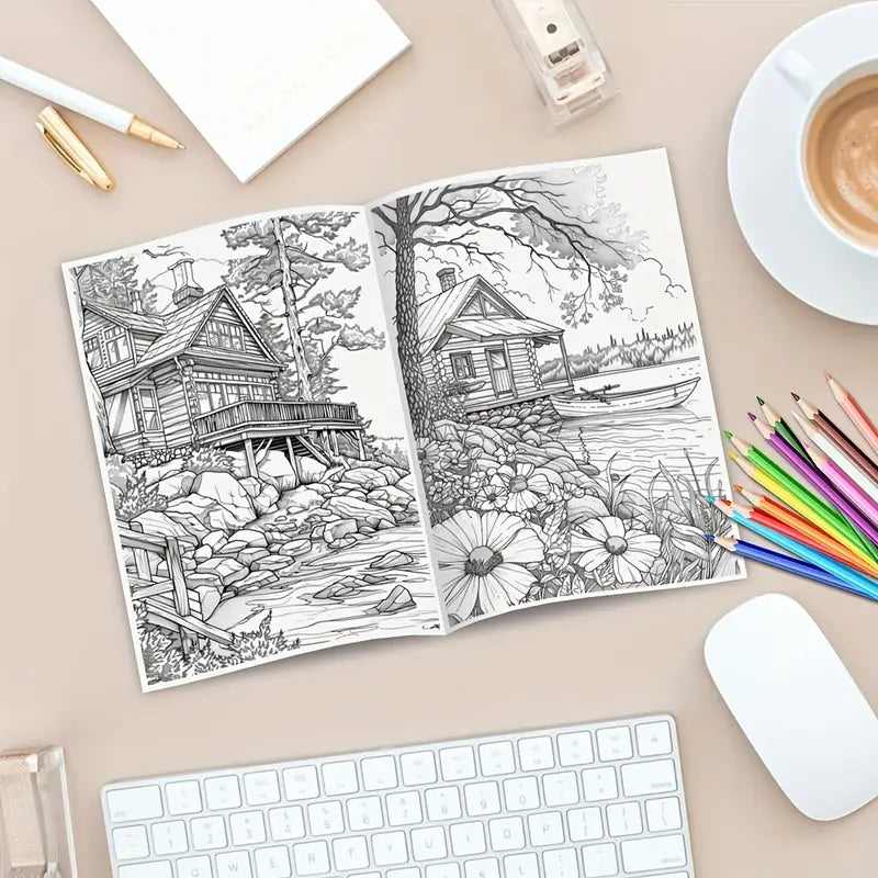 Artistic Lakeside Courtyard  coloring book värityskirja