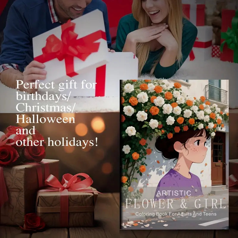 Artistic flower and girl coloring book värityskirja