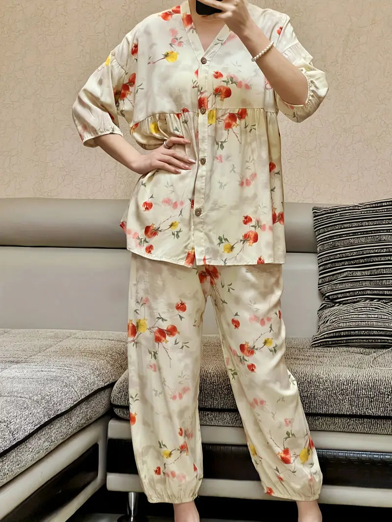 100 % puuvillaa Kuuma uusi kukkakuvioinen naisten yöpaitasetti