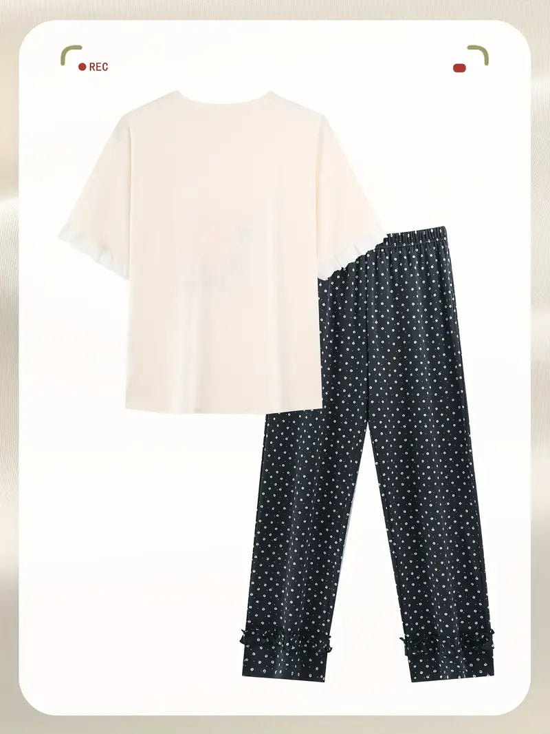 100 % puuvillaa Hengittävät kirjaillut lyhythihaiset pitkät pyjamat