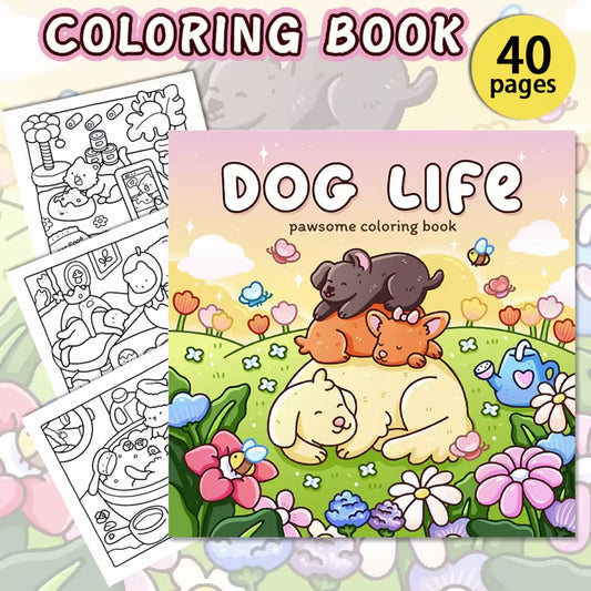 Lähikuva avatusta Dog Life -värityskirjasta, jossa on piirros leikkivästä koirasta puistossa. Sivun vieressä on laadukkaita puuvärejä ja koira-aiheinen kahvikuppi.