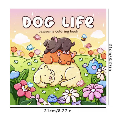 Lähikuva avatusta Dog Life -värityskirjasta, jossa on piirros leikkivästä koirasta puistossa. Sivun vieressä on laadukkaita puuvärejä ja koira-aiheinen kahvikuppi.