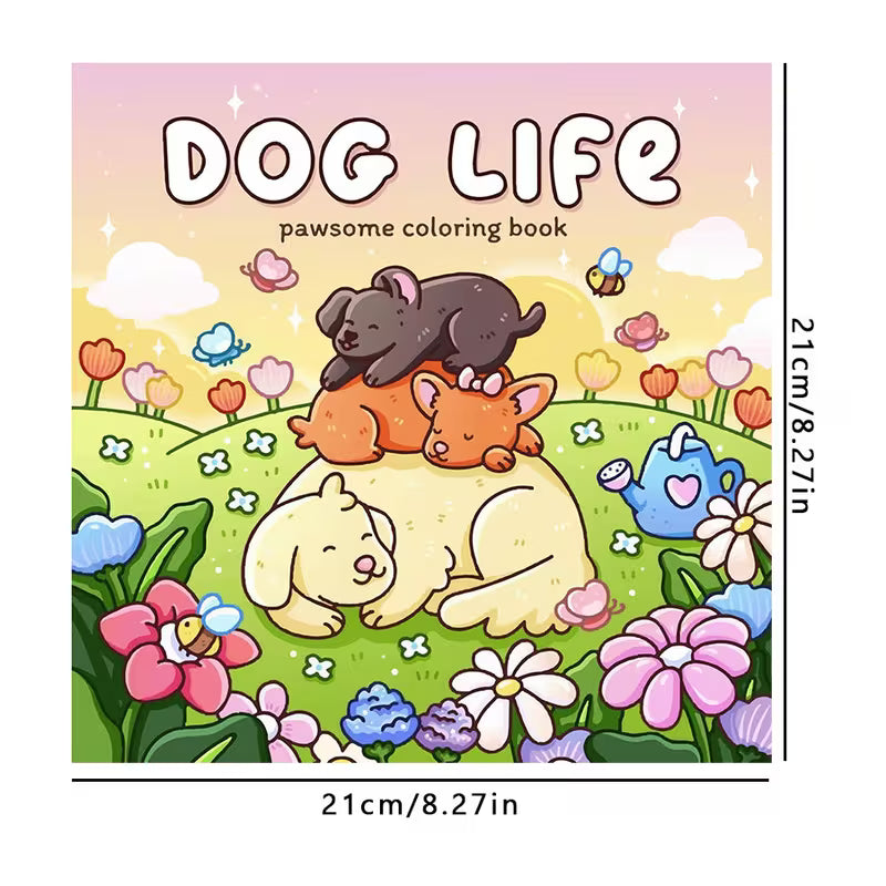 Lähikuva avatusta Dog Life -värityskirjasta, jossa on piirros leikkivästä koirasta puistossa. Sivun vieressä on laadukkaita puuvärejä ja koira-aiheinen kahvikuppi.