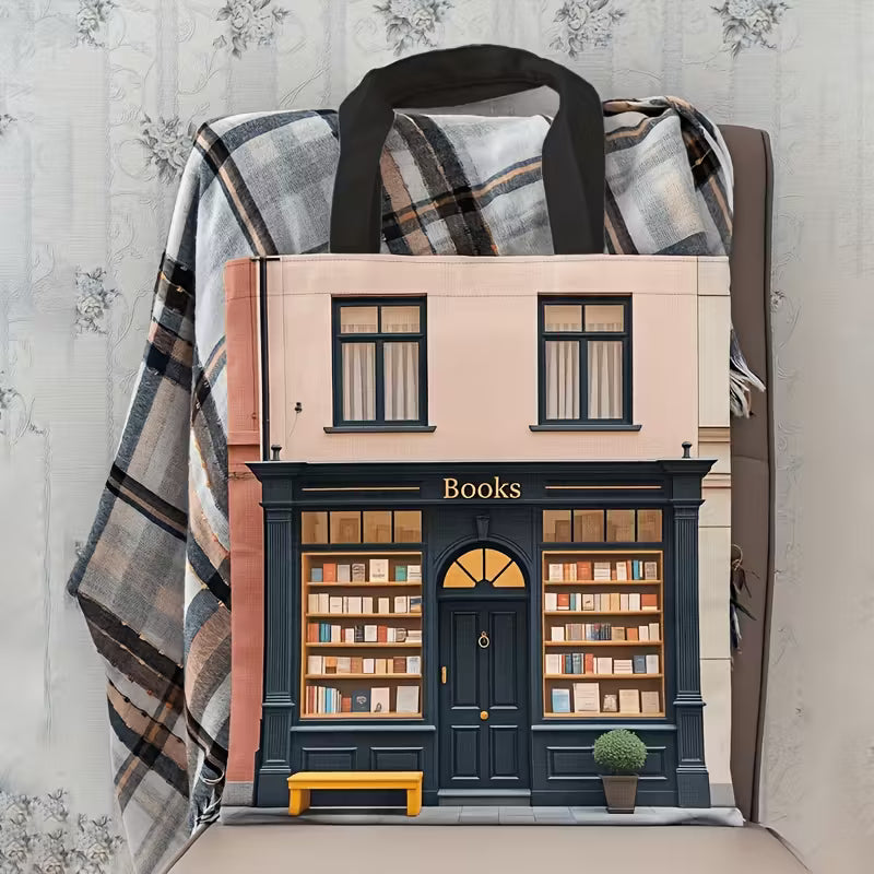 Tyylikäs kangaskassi, jossa on ainutlaatuinen kirjakauppakuvio