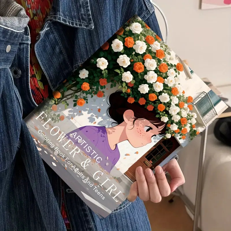 Artistic flower and girl coloring book värityskirja