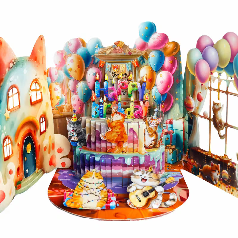 3-kertainen kevätpuutarha-pop-up-onnittelukortti kissoilla