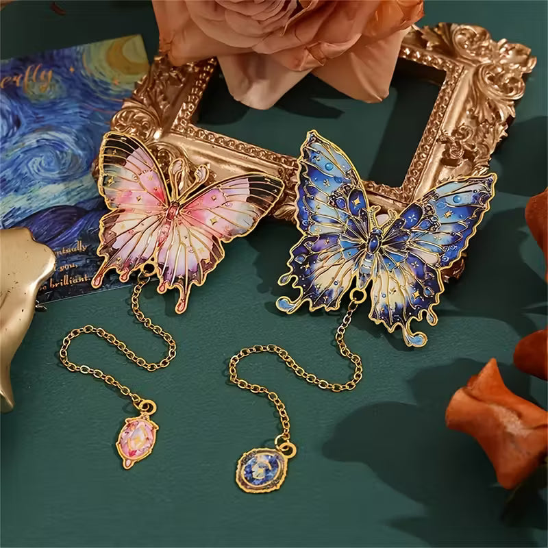 Metalliset perhoskirjanmerkit, joissa on kultainen ontto kuvio ja öljymaalausaihe, sisältää riipusketjun