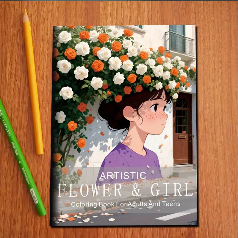 Artistic flower and girl coloring book värityskirja