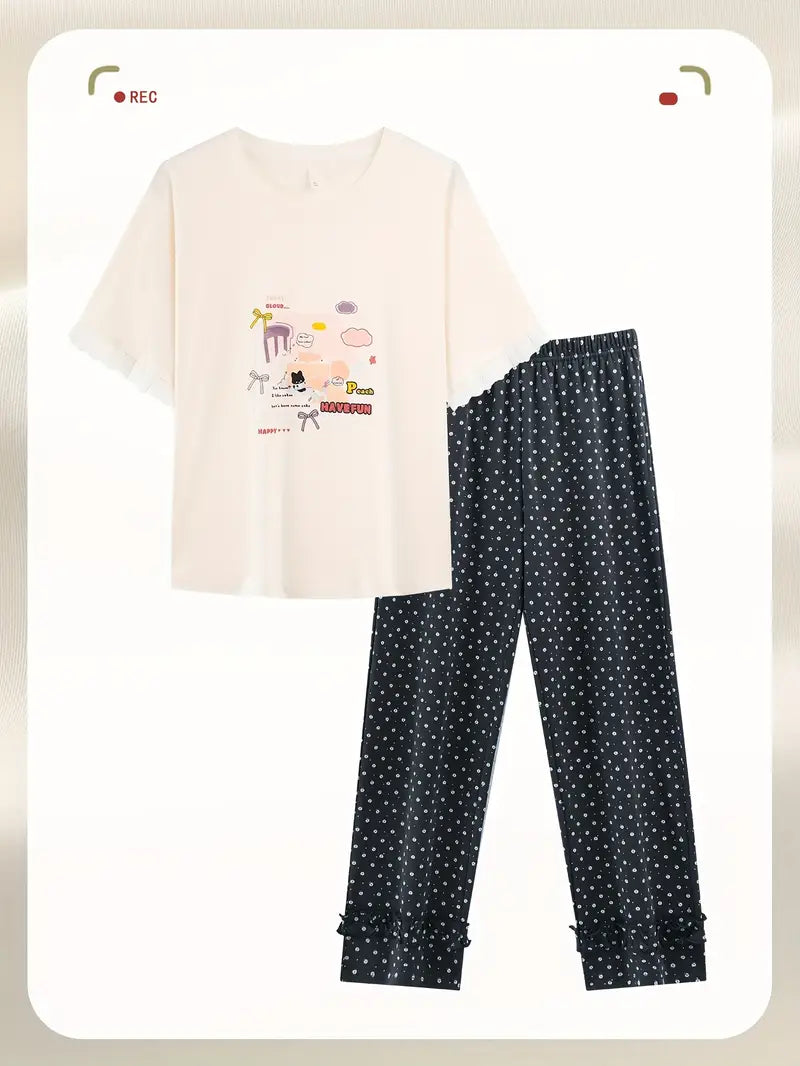 100 % puuvillaa Hengittävät kirjaillut lyhythihaiset pitkät pyjamat