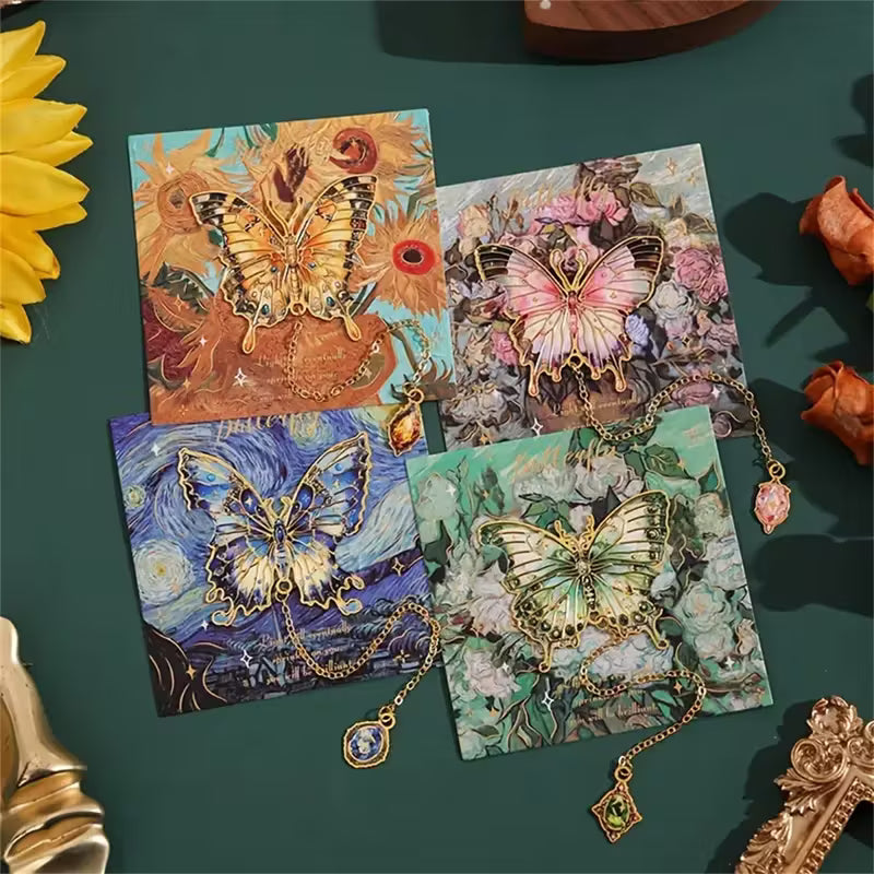 Metalliset perhoskirjanmerkit, joissa on kultainen ontto kuvio ja öljymaalausaihe, sisältää riipusketjun