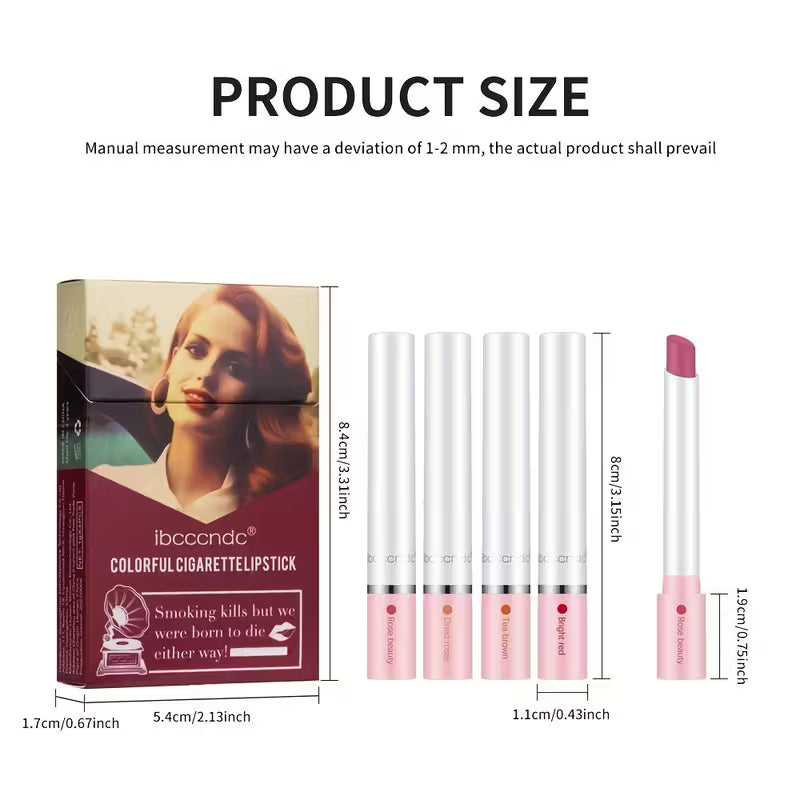 1 setti, jossa on 4 värikästä savukehuulipunaa, 4 suosittua väriä, mattapinta, kosteuttava koostumus, vedenpitävä ja hikoilunkestävä