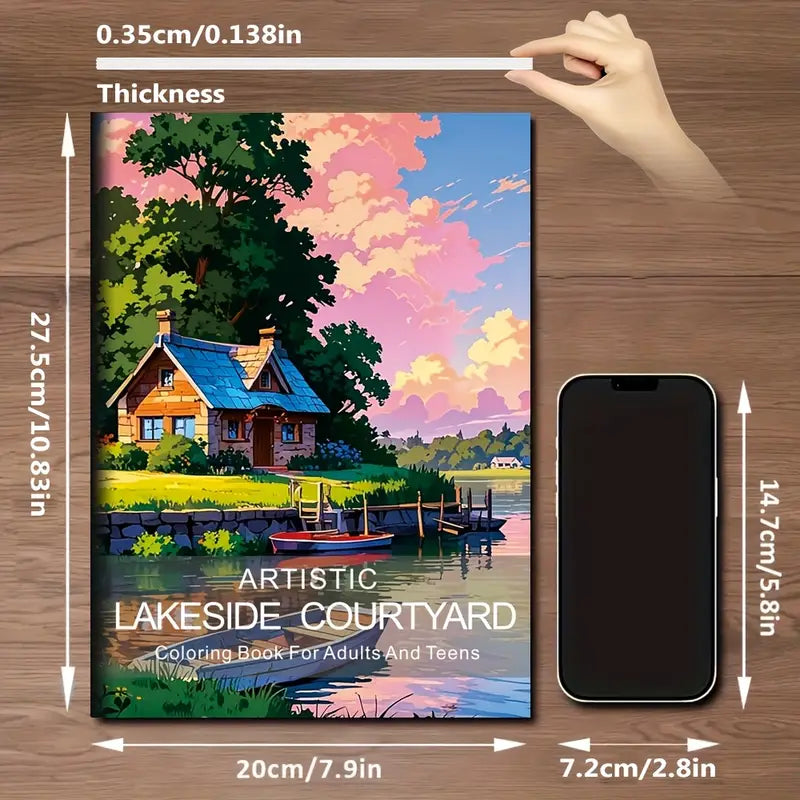 Artistic Lakeside Courtyard  coloring book värityskirja
