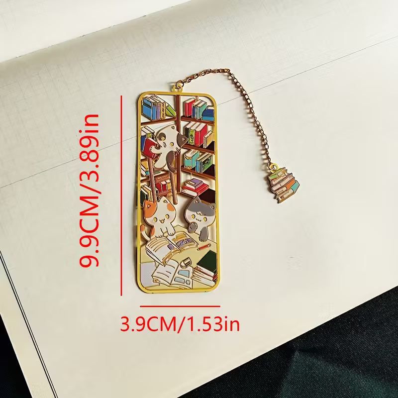 Söpöt metalliset kirjastokirjanmerkit - kestävää rautaa, eloisa kirja-aiheinen muotoilu kirjahyllyillä ja kirjoilla