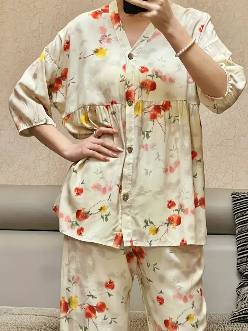 100 % puuvillaa Kuuma uusi kukkakuvioinen naisten yöpaitasetti