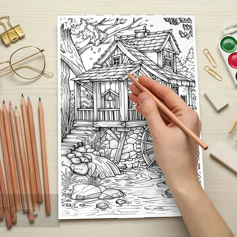 Artistic Lakeside Courtyard  coloring book värityskirja