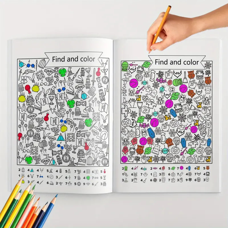 Käsi osoittaa kynällä "Find and color" -tehtävää värityskirjassa, jossa on satoja pieniä esineitä ja alareunassa laskutehtäviä.