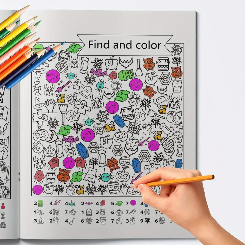 Käsi osoittaa kynällä "Find and color" -tehtävää värityskirjassa, jossa on satoja pieniä esineitä ja alareunassa laskutehtäviä.