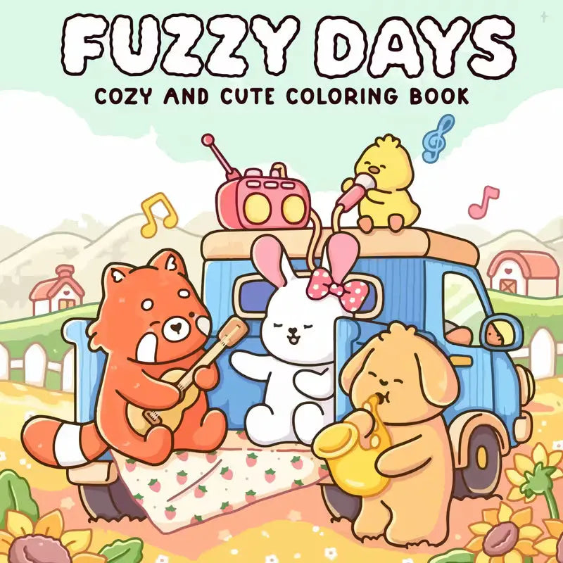 Lähikuva avatusta Fuzzy Days -värityskirjasta, jossa on suloinen ja pörröinen eläinhahmo. Sivun vieressä on laadukkaita pastellinsävyisiä alkoholitusseja