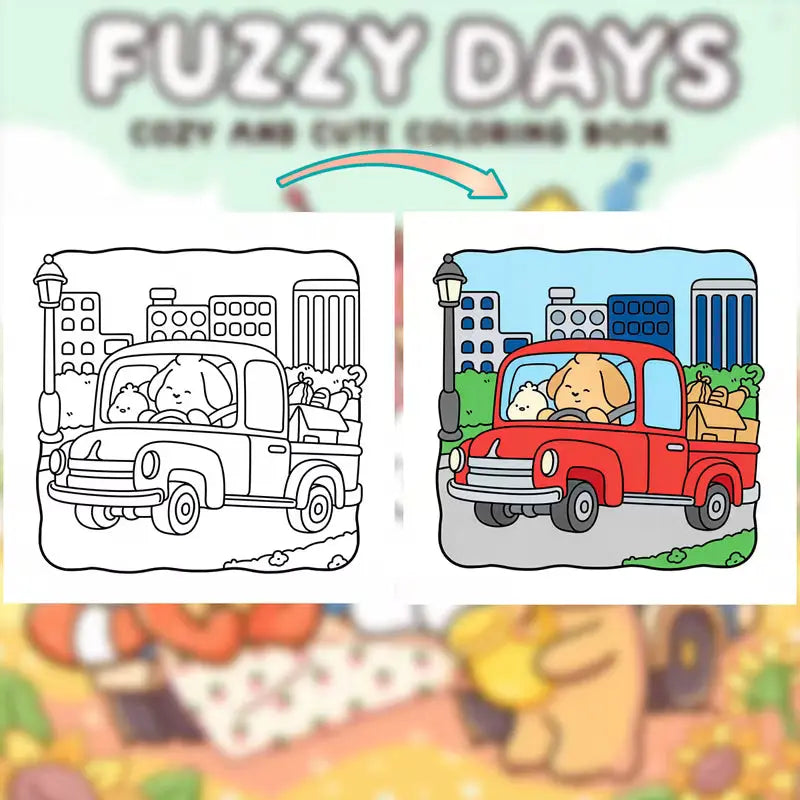 Lähikuva avatusta Fuzzy Days -värityskirjasta, jossa on suloinen ja pörröinen eläinhahmo. Sivun vieressä on laadukkaita pastellinsävyisiä alkoholitusseja