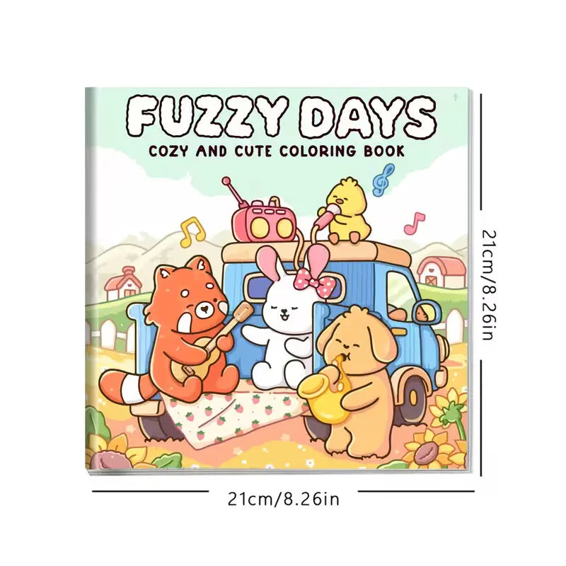 Lähikuva avatusta Fuzzy Days -värityskirjasta, jossa on suloinen ja pörröinen eläinhahmo. Sivun vieressä on laadukkaita pastellinsävyisiä alkoholitusseja