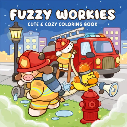 Fuzzy Workies -värityskirjan sivu, jossa suloinen kissa toimii leipurina paksusti piirrettyjen jauhopussien ja kaulimen keskellä.