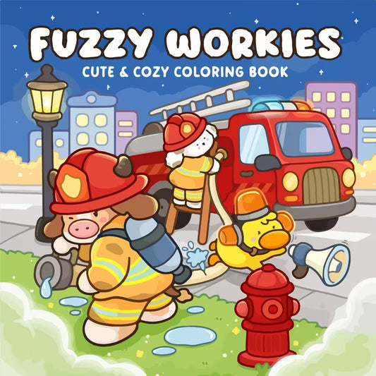 Fuzzy Workies -värityskirjan sivu, jossa suloinen kissa toimii leipurina paksusti piirrettyjen jauhopussien ja kaulimen keskellä.