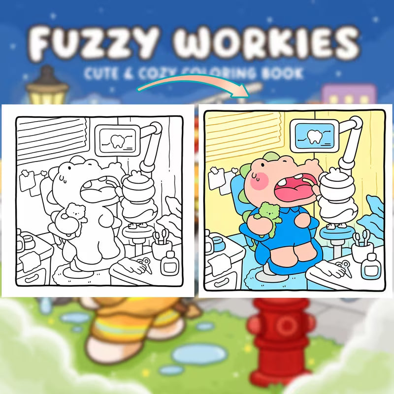 Fuzzy Workies -värityskirjan sivu, jossa suloinen kissa toimii leipurina paksusti piirrettyjen jauhopussien ja kaulimen keskellä.