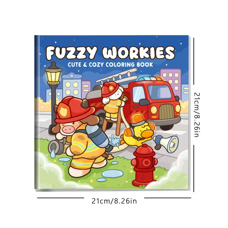 Fuzzy Workies -värityskirjan sivu, jossa suloinen kissa toimii leipurina paksusti piirrettyjen jauhopussien ja kaulimen keskellä.