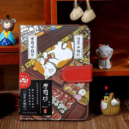 Japanilaistyylinen muistikirja, jonka kannessa on kissa perinteisessä kimonossa. Kirjassa on kultainen magneettisolki ja se on asetettu kirsikankukkien viereen.