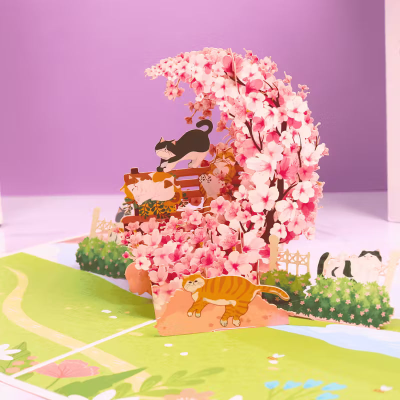 Avattu 3D pop-up -kortti, jossa on suuri vaaleanpunainen kirsikankukkakaari, leikkisä mustavalkoinen kissa ja oranssi kissa puutarhamaisemassa