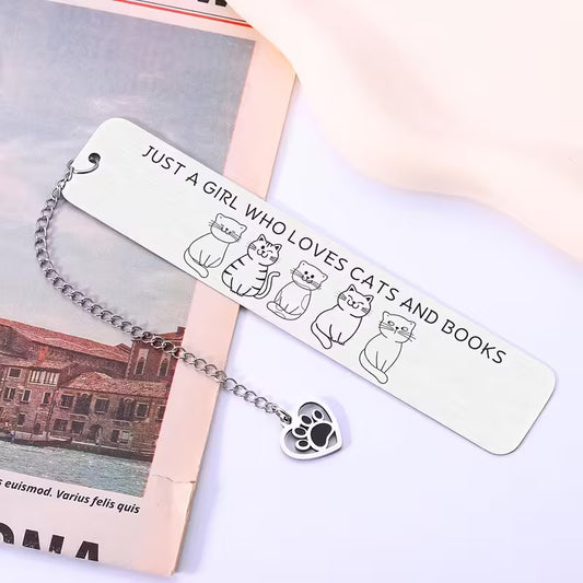 Stainless steel bookmark with the text 'Just a Girl Who Loves Cats and Books' and cat designs.