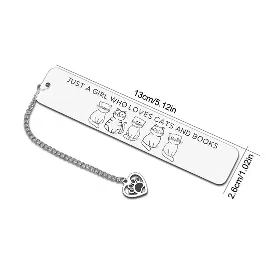Stainless steel bookmark with the text 'Just a Girl Who Loves Cats and Books' and cat designs.