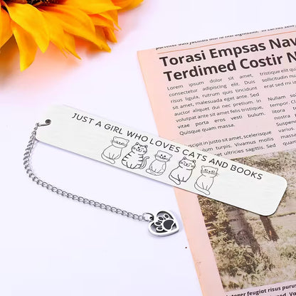 Stainless steel bookmark with the text 'Just a Girl Who Loves Cats and Books' and cat designs.