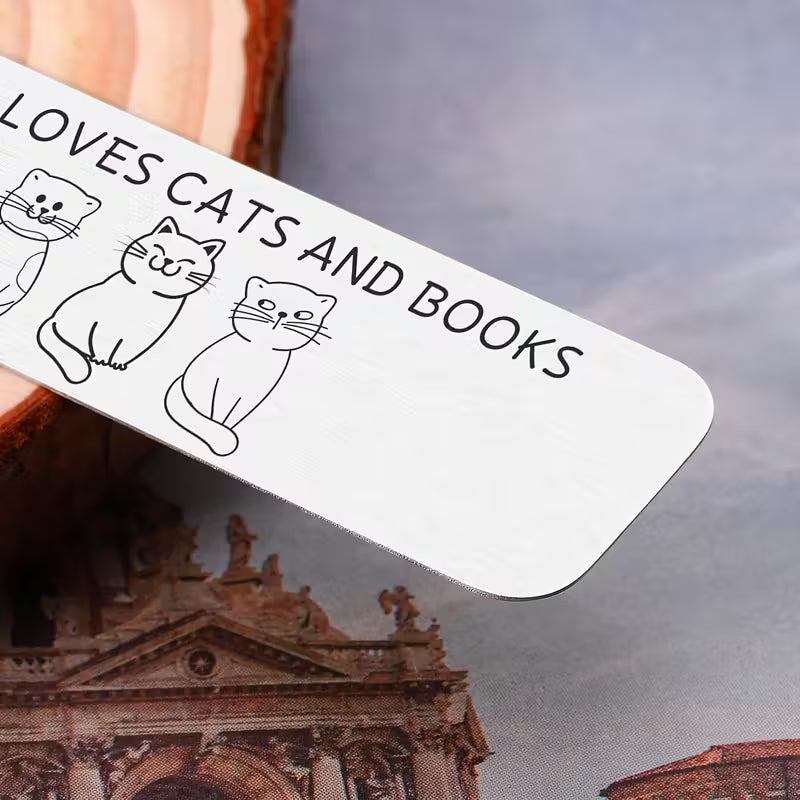 Stainless steel bookmark with the text 'Just a Girl Who Loves Cats and Books' and cat designs.