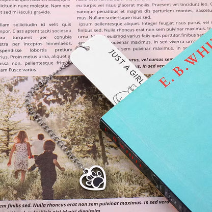 Stainless steel bookmark with the text 'Just a Girl Who Loves Cats and Books' and cat designs.