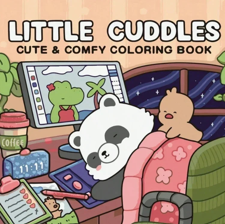 Little Cuddles -värityskirjan kansi, jossa on kaksi toisiaan halaavaa sulosta nallea ja kukkasia.