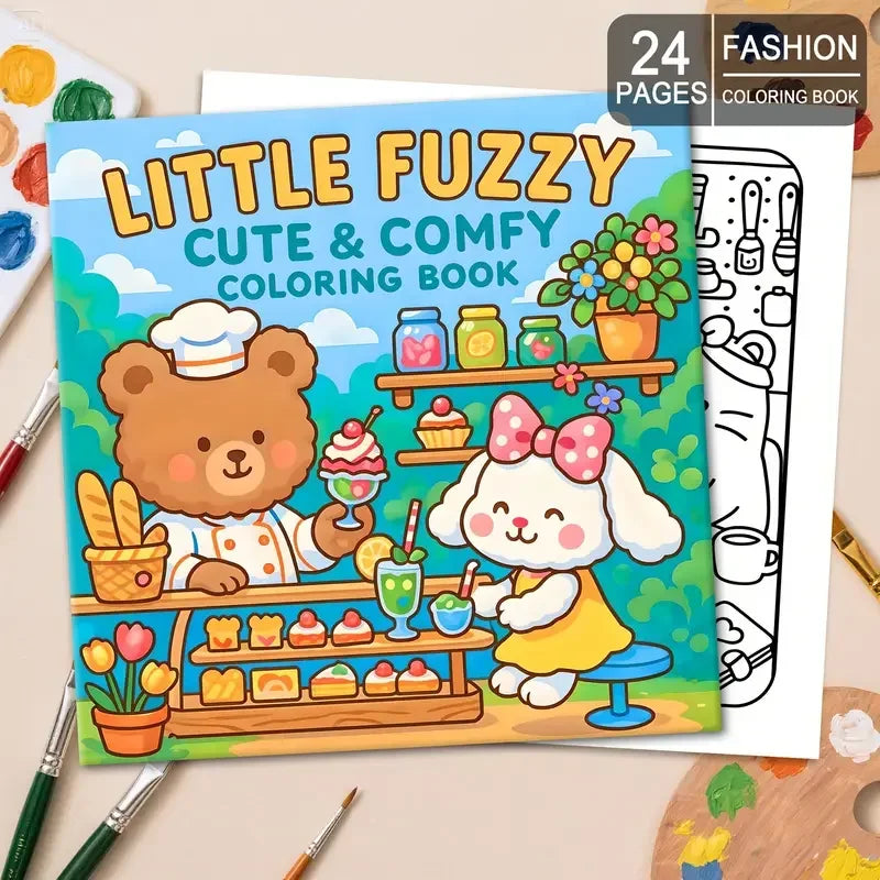 Little Fuzzy -värityskirjan kansi, jossa on suurisilmäisiä pörröisiä eläinhahmoja pastellisävyissä.