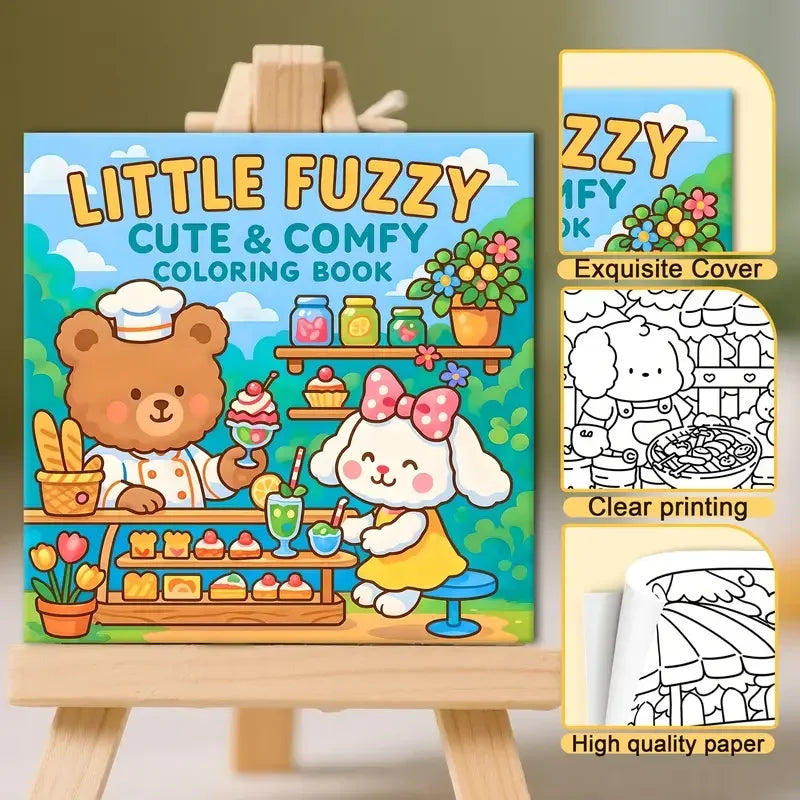 Little Fuzzy -värityskirjan kansi, jossa on suurisilmäisiä pörröisiä eläinhahmoja pastellisävyissä.