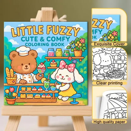 Little Fuzzy -värityskirjan kansi, jossa on suurisilmäisiä pörröisiä eläinhahmoja pastellisävyissä.