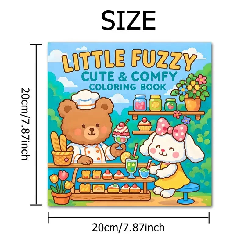 Little Fuzzy -värityskirjan kansi, jossa on suurisilmäisiä pörröisiä eläinhahmoja pastellisävyissä.