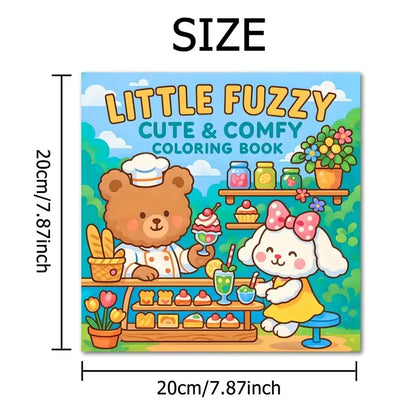 Little Fuzzy -värityskirjan kansi, jossa on suurisilmäisiä pörröisiä eläinhahmoja pastellisävyissä.