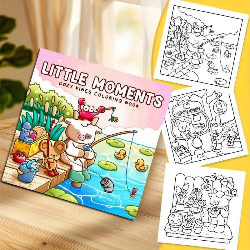 Lähikuva avatusta Little Moments -värityskirjasta, jossa on kotoisa piirros teekupista ja kukkasista. Sivun vieressä on laadukkaita puuvärejä ja kynttilä luomassa tunnelmaa.
