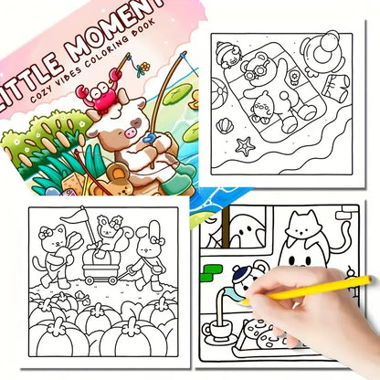 Lähikuva avatusta Little Moments -värityskirjasta, jossa on kotoisa piirros teekupista ja kukkasista. Sivun vieressä on laadukkaita puuvärejä ja kynttilä luomassa tunnelmaa.